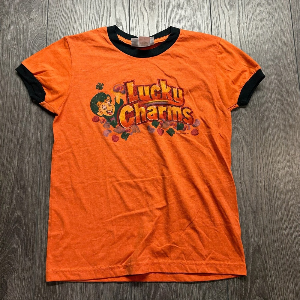 Vintage 2004 Lucky Charms Ringer Tee Orange Y2K Graphic T-Shirt Womens Medium